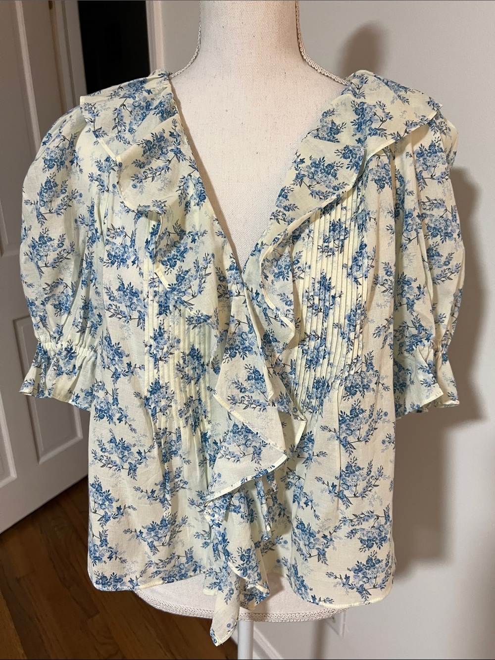 Women's Cream Floral Ruffle Blouse - Blue Floral Print